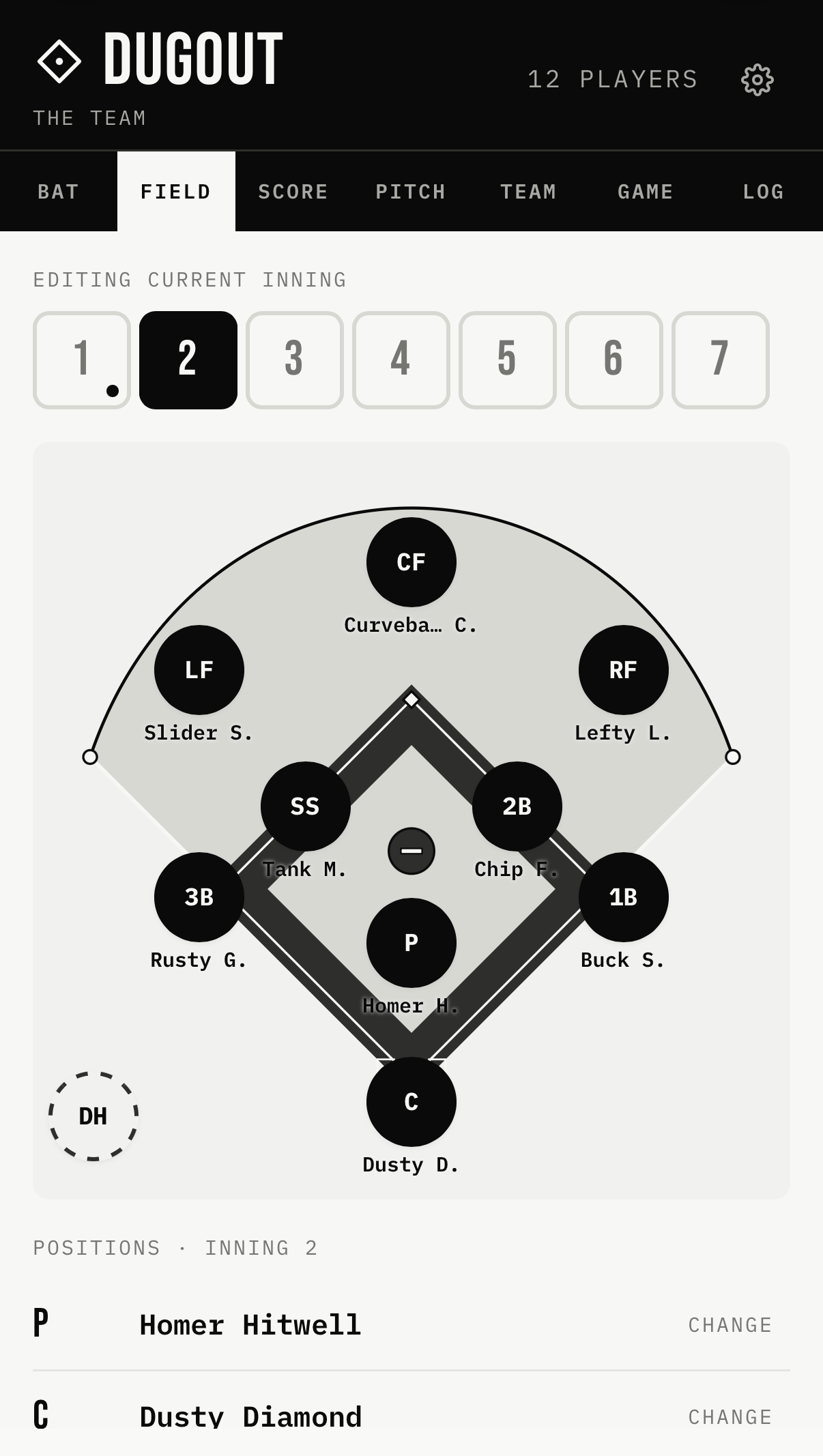 Dugout app Field tab on iPhone — a baseball diamond with each defensive position filled: Homer H. pitching, Dusty D. catching, Slider S. in left, Curveball C. in center, Lefty L. in right. An inning selector across the top shows inning 2 selected, because every inning has its own fielding rotation.